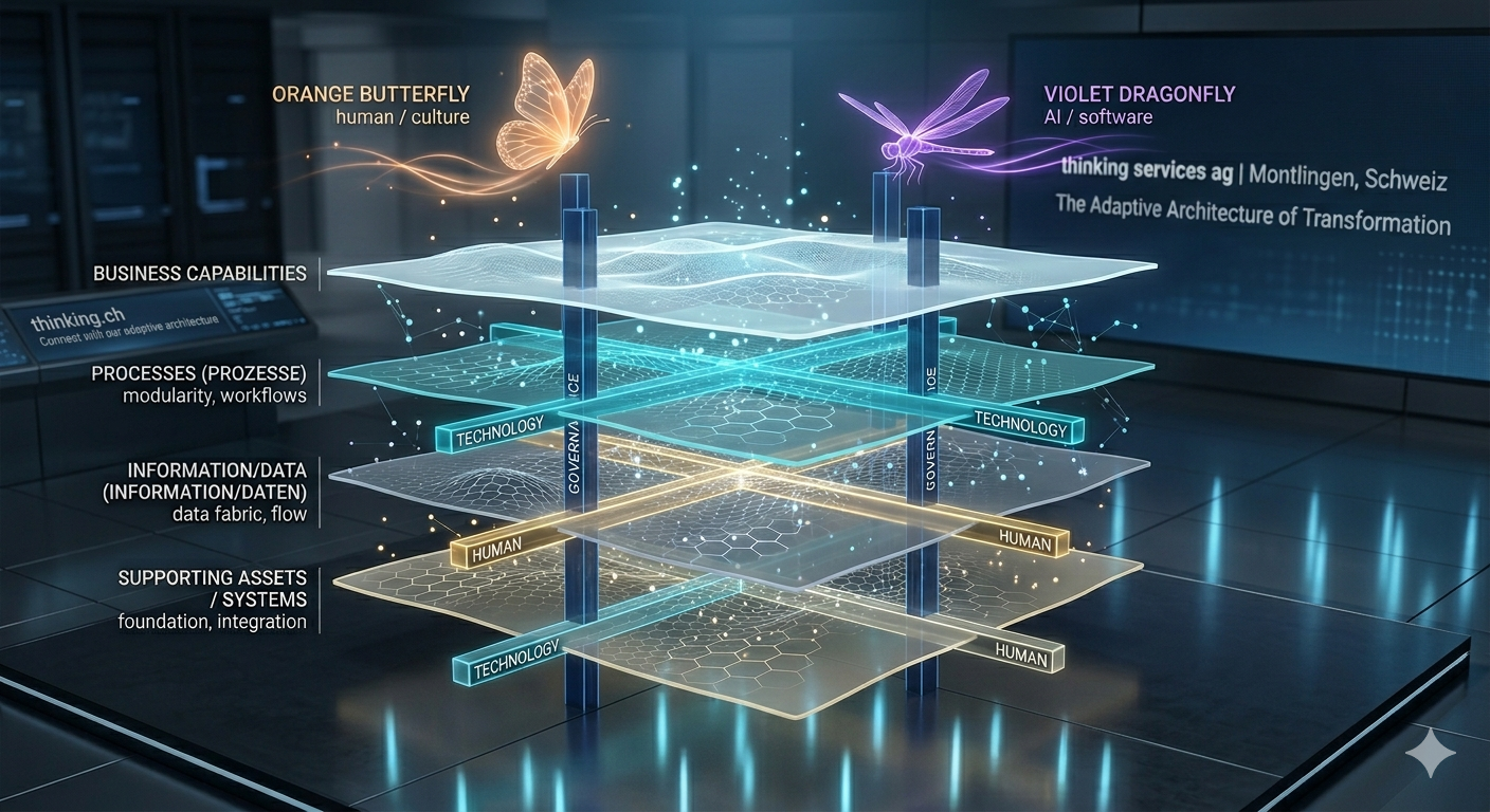 Visualisierung der vier Architektur-Ebenen: Fähigkeiten, Prozesse, Daten, Technologie